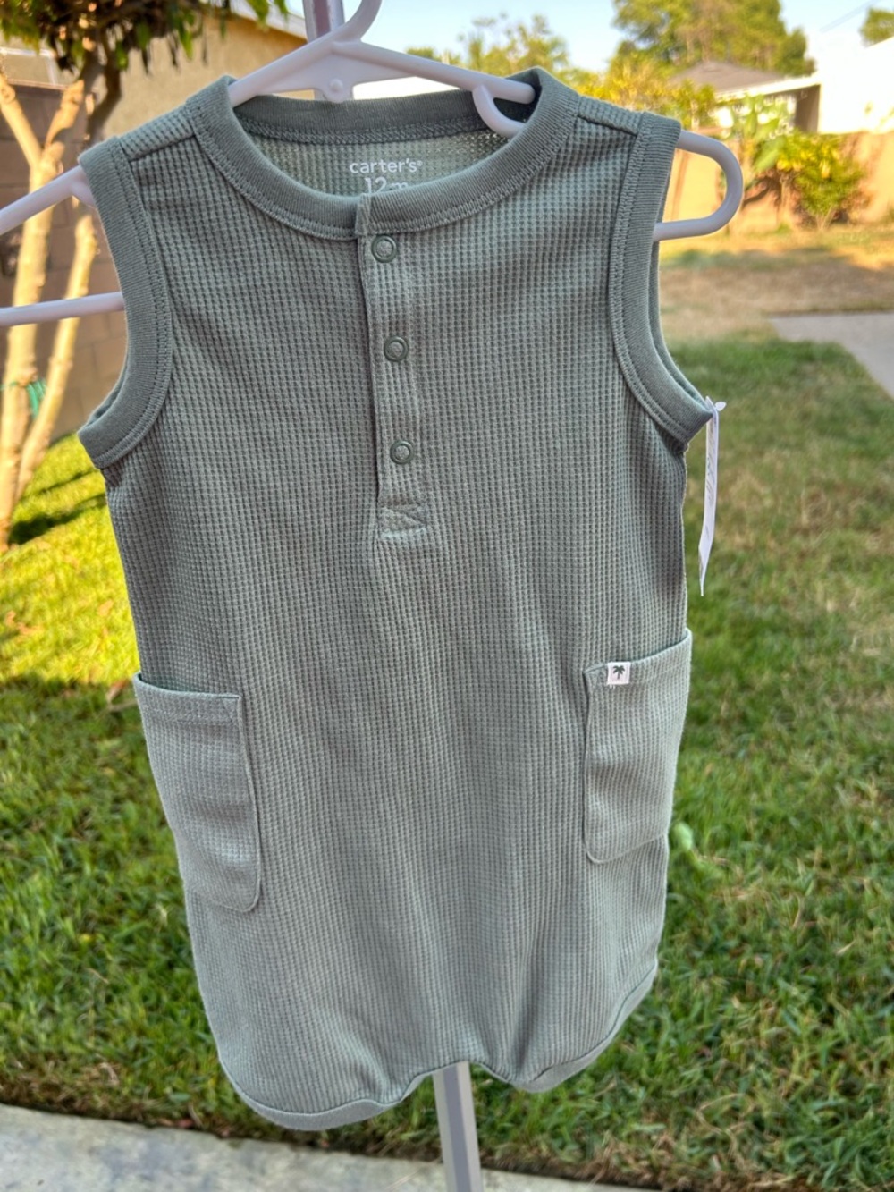 Carter's Sage Green Ribbed Tank Romper with Pockets